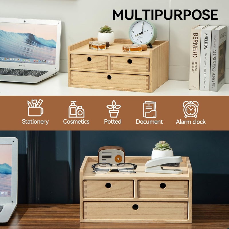 KIRIGEN Wood Organizer Shelf with 3 Drawers for Home Kicthen Decor Office Supplies Desktop Cabinet for Drawer Organizer - Desk Accessories Storage Box -Countertop Shelf Natural（DT2D3C-NA） - Image 3